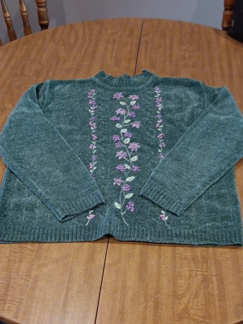 Alfred Dunner Green Crewneck Sweater with Pink Floral Embroidery